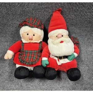 VTG Gibson Greeting 14” Santa & Mrs. Claus Nylon Puffy Plush Christmas Decor Red